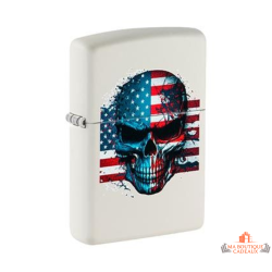 Briquet Zippo blanc mat tête de mort drapeau américain design skull