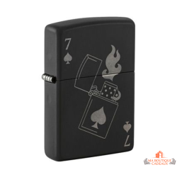 Briquet Zippo noir mat 7 de pique design carte jeu porte bonheur