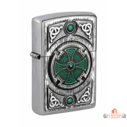 Briquet Zippo argent mat croix celtique relief vert style viking garanti à vie