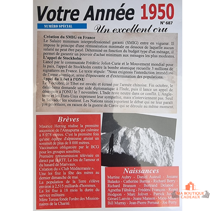 Carte année de naissance 1950 événements historiques et célébrités