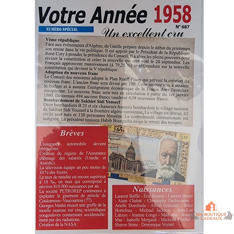 Carte année de naissance 1958 événements historiques et célébrités