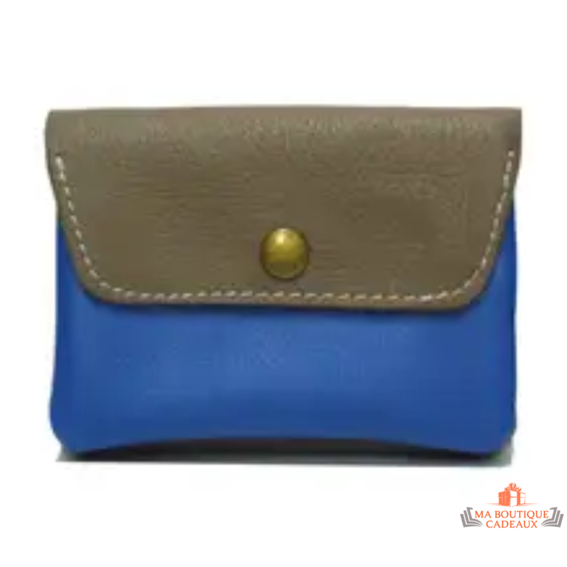 Porte-monnaie cuir taupe bleu compact avec poche zippée
