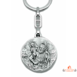 Porte-clés Saint Christophe en laiton finition argentée médaille détaillée