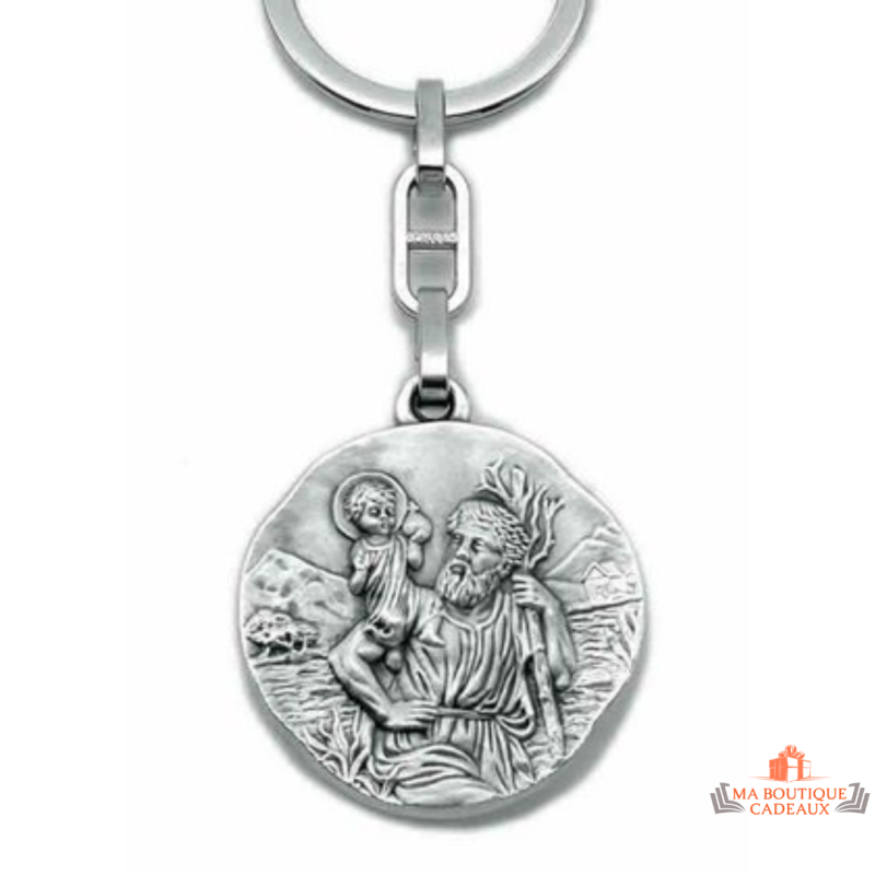 Porte-clés Saint Christophe en laiton finition argentée médaille détaillée