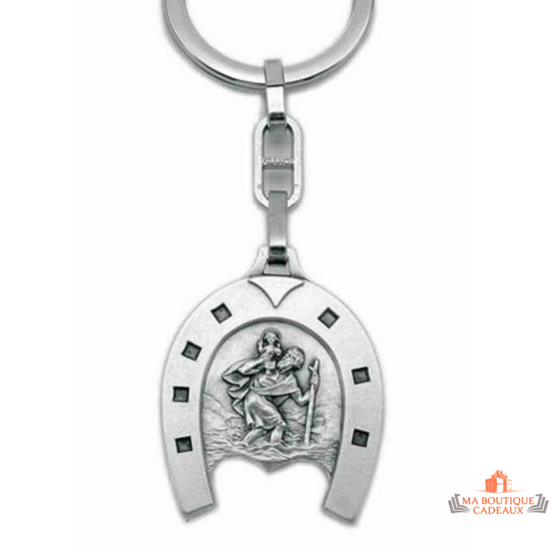 Porte-clés Saint Christophe fer à cheval en laiton symbole chance et protection