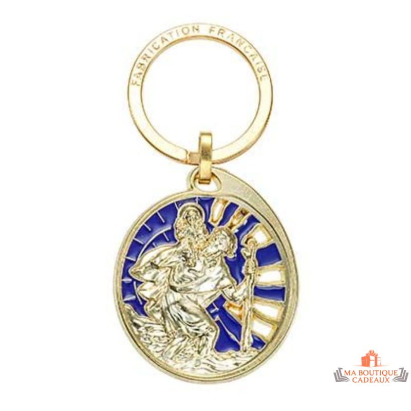 Porte-clés Saint Christophe doré zamak vitrail bleu fabrication française